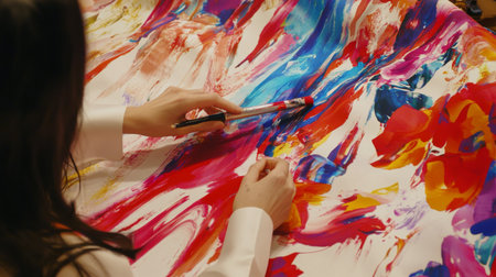 A close-up view of hands skillfully creating a vibrant abstract painting on canvas, showcasing bright colors and artistic techniques in a lively studio environment.の素材