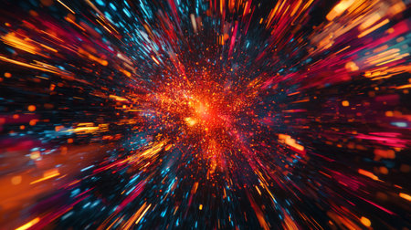 This image captures a stunning explosion of colors and light, conveying a sense of dynamic motion and chaos. Ideal for creative and artistic projects needing vibrant backgrounds.の素材