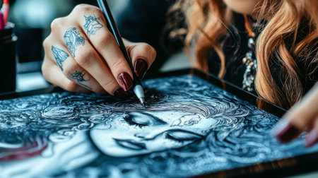 A talented artist delicately creates an intricate portrait of a woman with flowing hair and tattoos, highlighting the beauty and detail in a serene studio environment.の素材