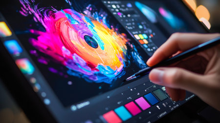 A talented digital artist is immersed in creating vibrant abstract art on a tablet, skillfully blending colors with a stylus to produce a mesmerizing design.の素材