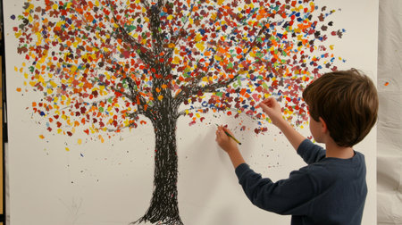 A young boy joyfully paints a large colorful tree filled with autumn leaves during an art class, reflecting creativity and the joy of childhood expression.の素材