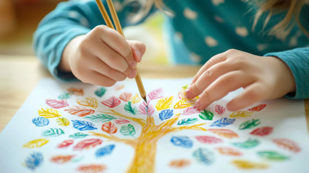 A child creates a colorful tree drawing filled with vibrant leaves, showcasing creativity and imagination in a warm, inviting indoor setting, filled with joy.の素材