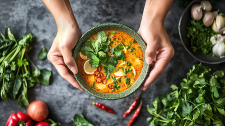 A close-up view of hands holding a vibrant bowl of freshly prepared soup, garnished with herbs and slices of lime, on a rustic dark background.の素材