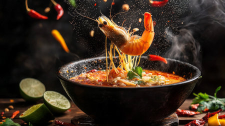 A colorful display of shrimp being cooked in a spicy broth, showcasing noodles and fresh herbs, perfect for culinary art, food photography, and flavor exploration.の素材