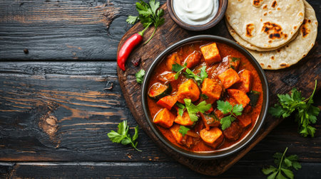 A vibrant dish featuring paneer curry garnished with fresh cilantro, served alongside yogurt and flatbreads on a rustic wooden surface, perfect for any meal.の素材