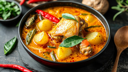 Experience the rich flavors of a vibrant chicken curry packed with fresh vegetables and herbs. An inviting dish perfect for cozy meals and culinary exploration.の素材