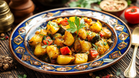 A delightful serving of savory potatoes and assorted vegetables, beautifully garnished with fresh herbs, presented on an ornate plate against a rustic background.の素材