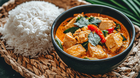 A vibrant chicken curry served alongside fluffy steamed rice, highlighting the blend of spices and fresh herbs, perfect for a comforting and satisfying meal experience.の素材