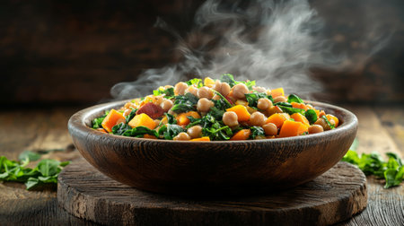 A steaming bowl of chickpea and kale salad with butternut squash sits on a rustic wooden table, capturing the essence of healthy, wholesome eating in a cozy setting.の素材