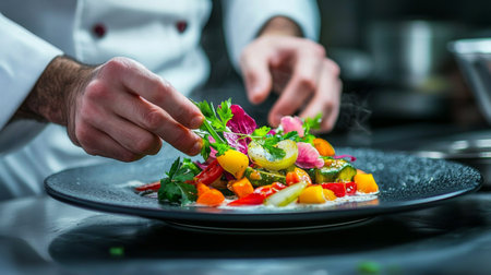 A professional chef meticulously garnishes a vibrant plate filled with fresh vegetables and herbs, showcasing skill and creativity in culinary artistry and presentation.の素材