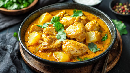 A vibrant chicken curry featuring tender chicken pieces cooked in a rich, aromatic sauce, garnished with herbs. Ideal for inspiring culinary creativity.の素材