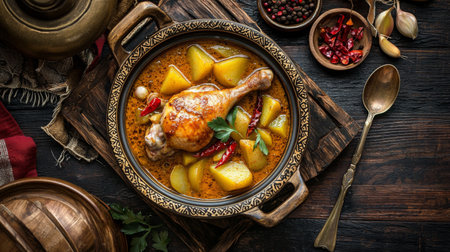 An inviting chicken leg dish with tender potatoes cooked in a rich sauce, beautifully garnished with herbs, perfect for a cozy meal or festive gathering.の素材