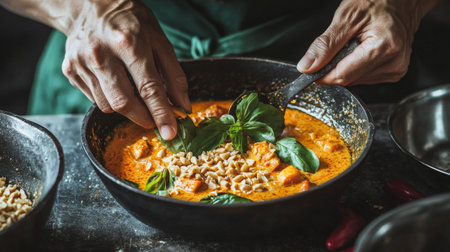 A close-up view of hands artfully preparing a creamy curry in a rustic kitchen, showcasing fresh herbs and colorful ingredients for an enticing culinary experience.の素材
