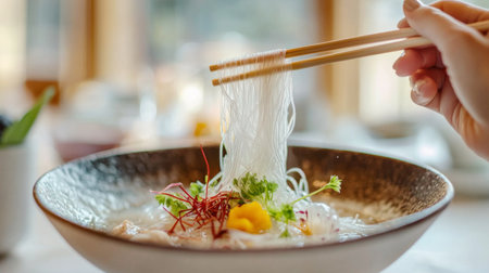A hand gracefully lifts fresh noodles with chopsticks from a beautifully garnished bowl of traditional Asian cuisine, inviting warmth and culinary delight.の素材