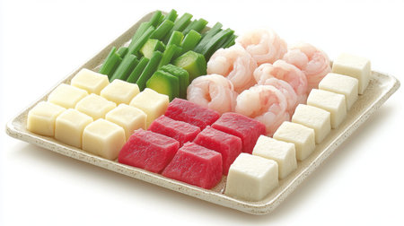 This vibrant seafood platter showcases shrimp, green onion, and colorful diced fish, perfect for culinary showcases, sushi dinners, or gourmet presentations.の素材