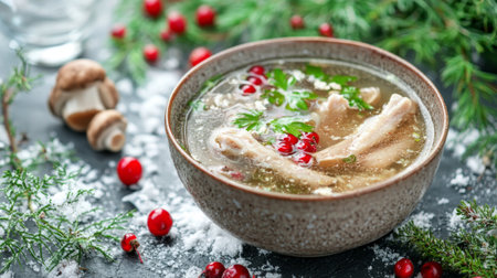 A soothing bowl of chicken broth featuring tender meat, fresh herbs, and vibrant red berries. Perfect for a cozy winter meal full of flavor and warmth.の素材