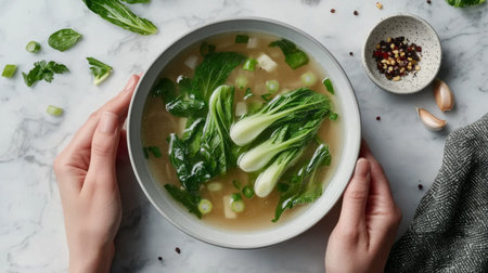 A vibrant bowl of vegetable soup featuring fresh bok choy and greens, set on a sleek marble surface. Ideal for healthy meal choices and culinary inspiration.の素材
