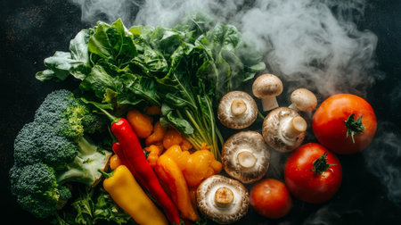 Explore a fresh and vibrant assortment of vegetables and mushrooms surrounded by steam on a dark surface, perfect for culinary inspiration and healthy cooking ideas.の素材