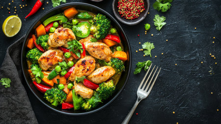 A visually appealing chicken stir-fry featuring bright vegetables, perfect for health enthusiasts and food lovers. Ideal for a nutritious meal display.の素材