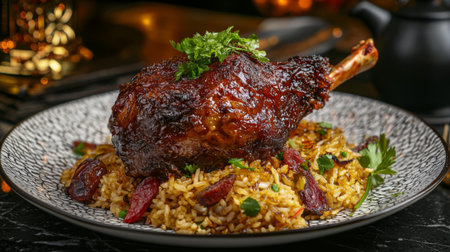 This beautifully presented lamb shank is glazed to perfection, nestled on a bed of aromatic rice with dried fruits and garnished with fresh herbs, ideal for culinary enthusiasts.の素材