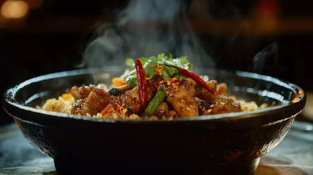 A beautifully presented steaming dish of flavorful food garnished with vibrant herbs and spices in a black bowl, perfect for a cozy dining experience.の素材