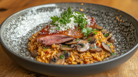 A beautifully plated dish featuring roasted duck breast on mushroom risotto, showcasing fresh herbs and cheese, perfect for gourmet meals and culinary appreciation.の素材