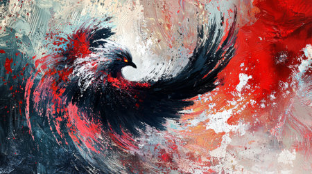 This dynamic abstract illustration of an eagle features bold red and black colors, showcasing artistic brush strokes and textures, perfect for modern decor.の素材