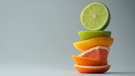 A delightful arrangement of vibrant citrus fruit slices showcasing lime, orange, and grapefruit on a light grey background, perfect for health and wellness themes.の素材