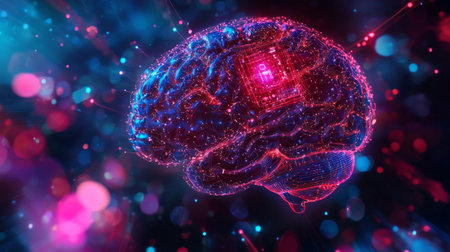 Captivating digital artwork depicting a glowing brain embedded in a vibrant and abstract environment, symbolizing the intersection of technology and human intelligence.の素材