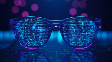 A pair of futuristic sunglasses showcasing a digital interface with vibrant data patterns against a striking neon backdrop, embodying modern technology and style.の素材