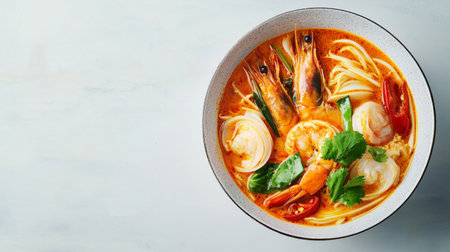 A vibrant bowl of Thai Tom Yum soup featuring fresh shrimp, aromatic herbs, and spicy broth. Perfect for food lovers seeking an authentic Asian experience.の素材