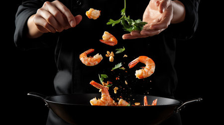 A skilled chef skillfully tosses fresh shrimp and vibrant herbs in a frying pan, capturing the essence of culinary expertise and vibrant flavors in a striking dark setting.の素材