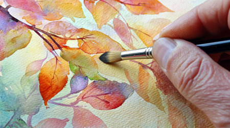 This image captures a hand delicately applying brush strokes to vibrant watercolor leaves. The artistic process showcases creativity and the beauty of nature-inspired art.の素材