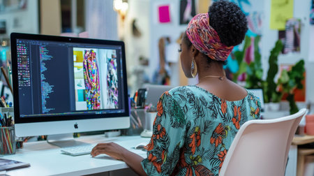 A young woman is immersed in her creative work at a stylish desk, using a computer to design vibrant patterns in a modern workspace filled with inspiring elements.の素材