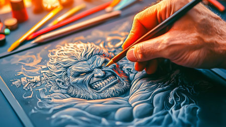 A captivating image showcasing an artist's hand skillfully drawing a muscular fantasy character with an intense expression, surrounded by vibrant art supplies.の素材