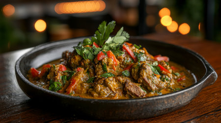 This enticing stew showcases a colorful medley of vegetables and aromatic herbs, artfully arranged in a rustic plate, capturing the essence of comfort food.の素材