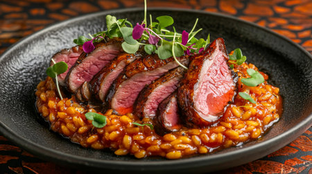 Indulge in a gourmet meal featuring tender beef slices on a rich risotto, adorned with vibrant microgreens. Perfect for culinary enthusiasts and food photography.の素材