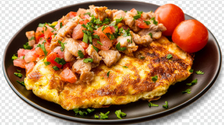 A beautifully presented gourmet omelette topped with seasoned meat, fresh diced tomatoes, and fresh herbs, perfect for a delicious breakfast or brunch.の素材