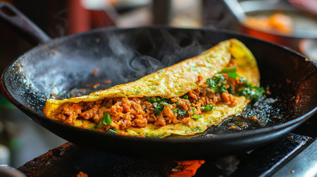 A mouthwatering savory omelette filled with minced meat and fresh herbs, captured in a sizzling frying pan, ideal for culinary storytelling and food enthusiasts.の素材