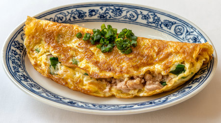This beautifully presented omelette features a mix of tender ingredients and fresh green onions, making it a delightful addition to any meal or gourmet occasion.の素材