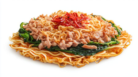 A mouthwatering dish featuring stir-fried noodles topped with chicken, fresh spinach, and crispy toppings, perfect for food lovers and culinary enthusiasts.の素材