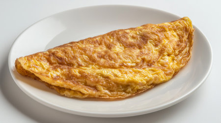 A beautifully cooked fluffy omelette presented on a clean white plate, showcasing rich yellow hues that highlight its appealing texture and classic breakfast charm.の素材
