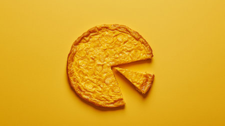 A vibrant yellow tortilla on a matching background showcases a missing slice, highlighting the delicious texture and inviting presentation for food enthusiasts.の素材