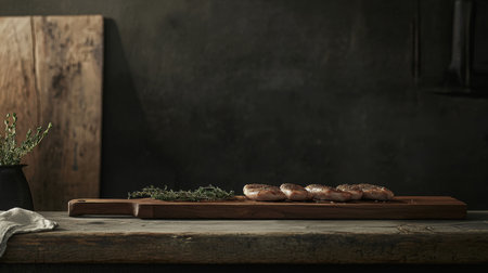A beautifully arranged scene featuring grilled chicken breasts garnished with fresh thyme on a rustic wooden cutting board, ideal for culinary presentations.の素材