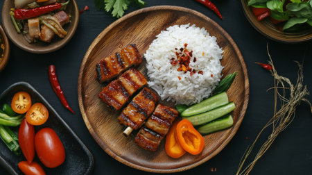 A beautifully arranged plate featuring grilled barbecue pork skewers, fragrant rice, and fresh vegetables, perfect for showcasing delicious home-cooked meals and culinary artistry.の素材