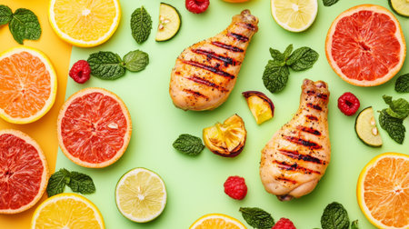 Bright and colorful arrangement featuring grilled chicken legs surrounded by fresh citrus fruits and mint, ideal for summer meals and healthy recipe ideas.の素材