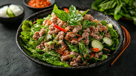 A vibrant Thai salad featuring ground meat, fresh herbs, and crisp vegetables served in a black bowl, perfect for healthy meals and culinary inspiration.の素材