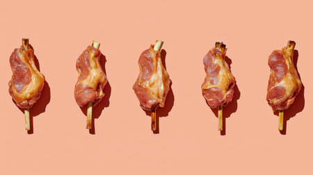 A captivating arrangement of beautifully grilled meat on sticks set against a bright pink background, perfect for food photography, menus, and culinary inspiration.の素材