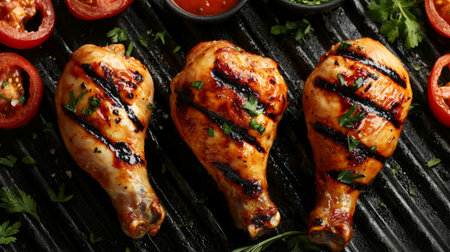 Close-up view of succulent grilled chicken drumsticks featuring beautiful char marks, fresh herbs, and ripe tomato slices with dipping sauce on a BBQ grill.の素材