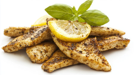 A beautifully arranged plate of grilled fish fillets topped with fresh lemon slices and basil leaves, capturing the essence of a healthy and delicious culinary experience.の素材